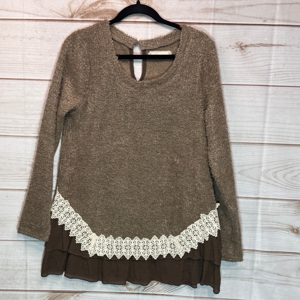 A'reve Brown Boucle Knit Tunic Sweater Lace Trim Ruffle Hem Boho Womens Large